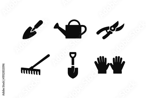 Collection of black gardening tools and equipment icons on a white background