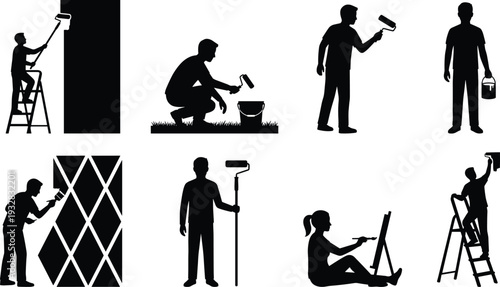 Painter and Decorator Silhouette Set, House Painting Worker with Roller and Ladder Black Vector Illustration for Home Improvement Design