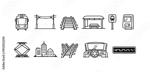 Urban transportation outline icon set: metro, bus, railway, station, subway icons