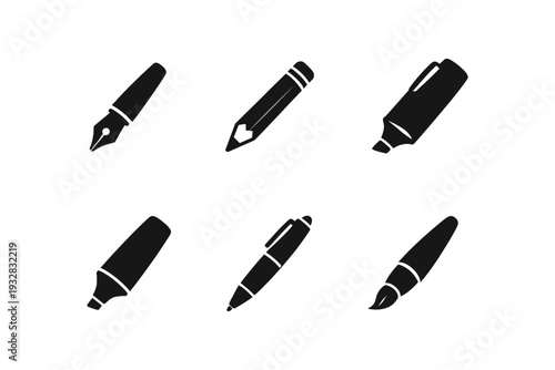 Collection of black icons representing writing and art tools on a white background