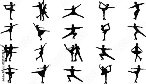 Figure Skating Silhouette Set, Ice Skater Jumps and Spins Collection in Black Vector Illustration for Winter Sport and Dance Design