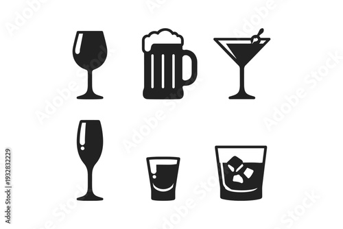 Collection of diverse alcoholic beverage glasses and mugs in a simple icon set