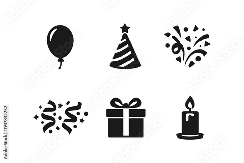 Collection of six black birthday celebration icons on a white background