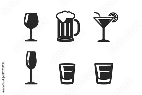 Collection of six different alcoholic beverage glasses and mugs in a simple icon set