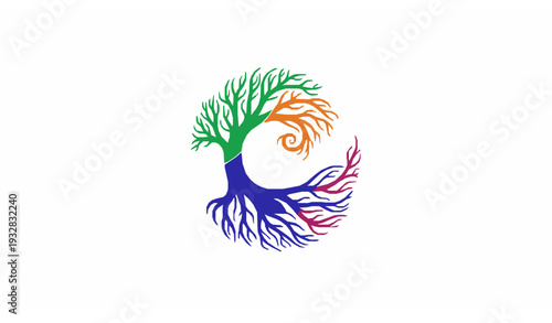 Colorful Spiral Tree and Root Abstract Logo Vector with Creative Flowing Lines