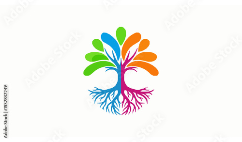 Abstract Vibrant Tree and Root Logo Vector Emblem with Colorful Gradient Nature Symbol