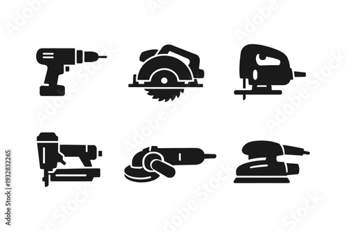 Collection of six black silhouette icons representing various power tools for construction and DIY projects