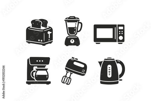 Collection of modern kitchen appliances icons in black and white silhouette style