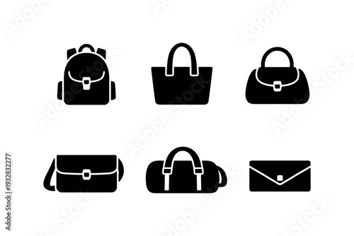 Collection of six black icons representing different types of bags and purses on a white background