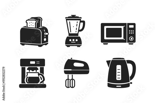 Collection of modern kitchen appliances icons in black and white silhouette style