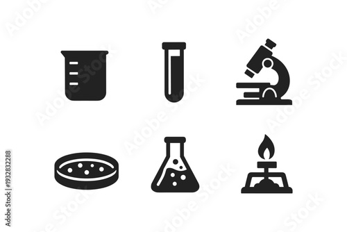 Collection of scientific laboratory equipment icons for research and discovery