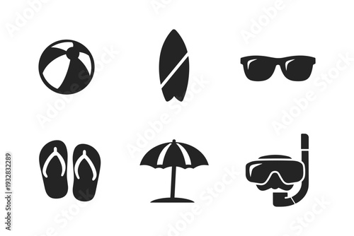 Collection of summer vacation icons including beach ball, surfboard, sunglasses, flip-flops, umbrella, and snorkel