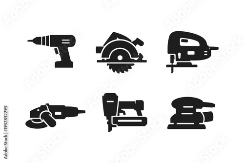 Collection of six black silhouette icons representing various power tools on a white background