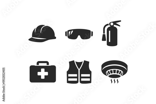 Collection of safety equipment icons including hard hat, goggles, extinguisher, first aid kit, vest, and smoke detector