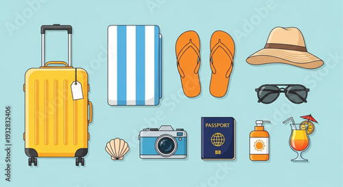 Essential travel items arranged on a light blue surface, ready for vacation adventures.