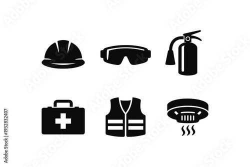 Collection of safety equipment icons including hard hat, goggles, extinguisher, first aid kit, vest, and smoke detector