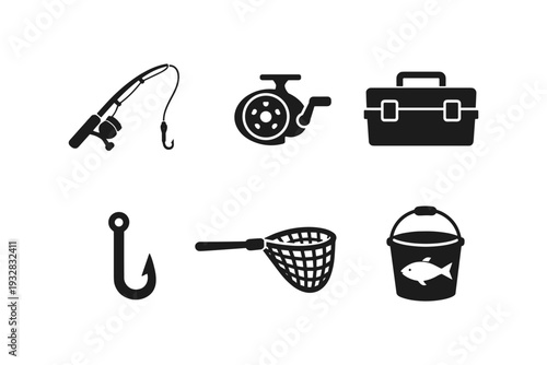 Collection of fishing equipment icons including rod, reel, tackle box, hook, net, and bucket