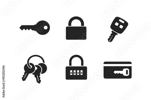 Collection of security and access icons including keys, locks, and access card