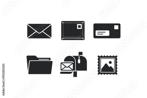 Collection of postal and mail icons including envelopes, mailbox, folder, and stamp