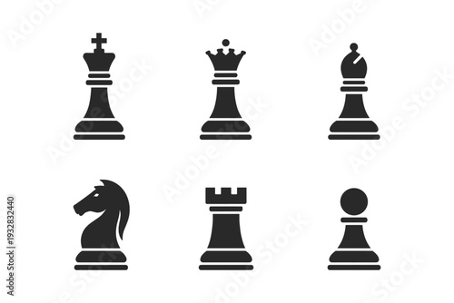 Collection of six iconic chess pieces in a clean, modern, flat design style