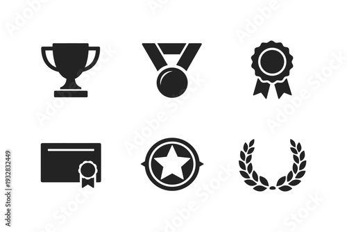 Collection of award and achievement icons including trophy, medal, certificate, and laurel wreath