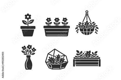 Collection of stylized icons representing various potted and hanging plants and floral arrangements