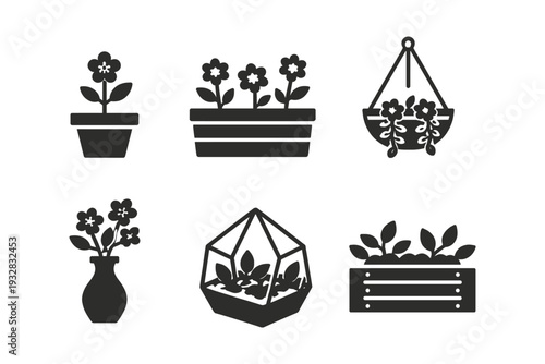 Set of six stylized icons representing different types of potted plants and gardening containers