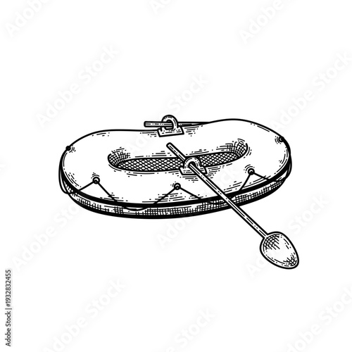 hand drawn inflatable rubber boat with paddle line art vector illustration