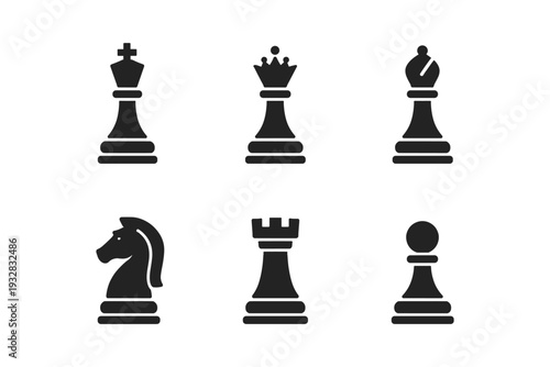 Collection of iconic black chess pieces on a clean white background, vector illustration