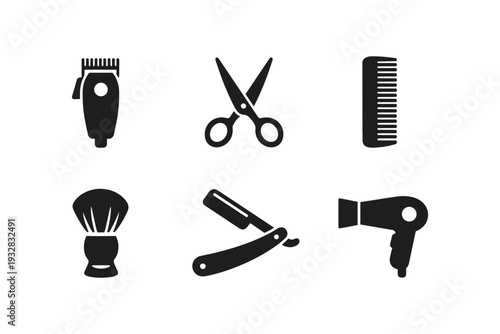 Collection of barber shop tools and grooming essentials in a clean icon set