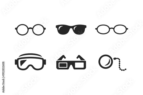 Collection of diverse eyewear icons including sunglasses, goggles, and monocle