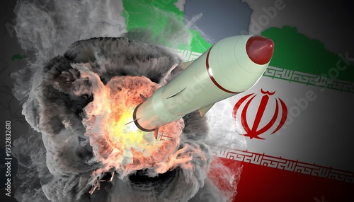 Missile launch illustration with explosion smoke over Iran flag background, depicting military conflict, geopolitics, and security crisis