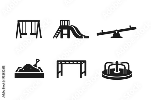 Collection of playground equipment icons including swings, slide, seesaw, sandbox, monkey bars, and merry-go-round
