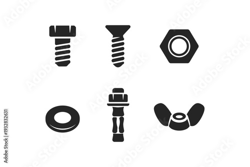 Collection of various fasteners and hardware icons including bolts, nuts, and washers