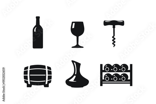 Collection of wine-related icons including bottle, glass, corkscrew, barrel, decanter, and rack