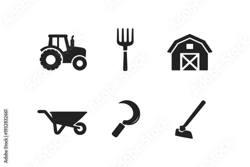 Collection of agricultural icons including tractor, barn, pitchfork, wheelbarrow, sickle, and hoe