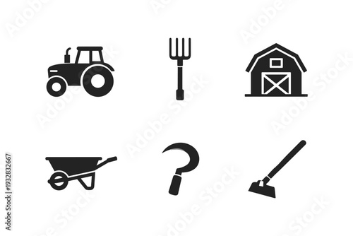 Collection of farm equipment and tools icons including tractor, barn, pitchfork, sickle, and wheelbarrow