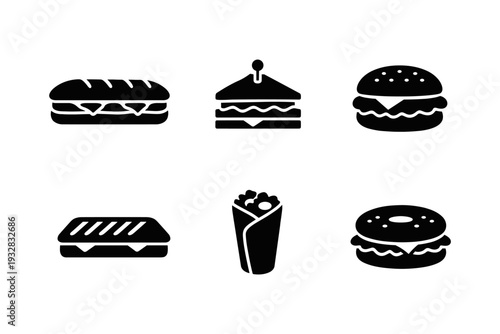 Collection of six different black icons representing various types of sandwiches and wraps