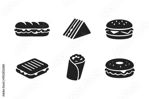 Collection of six black icons representing different types of sandwiches and burgers