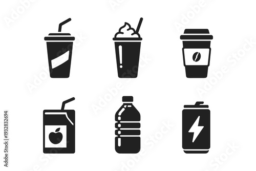 Collection of six different beverage icons including coffee, juice, and energy drinks