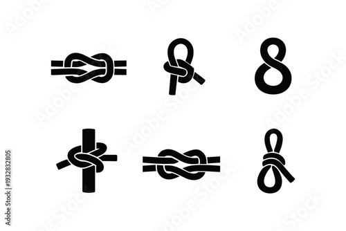Collection of six different knot icons in black and white, representing various tying techniques