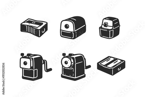 Collection of diverse pencil sharpeners in a simple black and white illustration style
