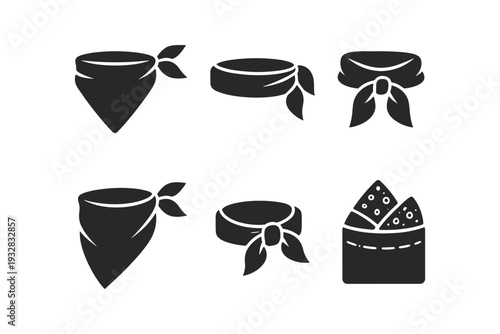 Collection of six black silhouette icons representing bandanas and a food item