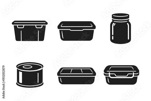 Collection of black and white icons representing various food storage containers and jars