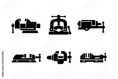 Collection of black silhouette icons representing various types of vises and clamps
