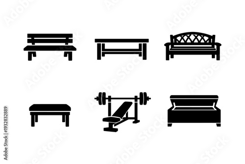 Collection of various bench and seating icons including park bench and weight bench