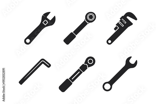 Collection of various hand tools including wrenches and a hex key, presented as black icons