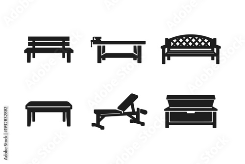 Collection of six different bench and table icons in silhouette style