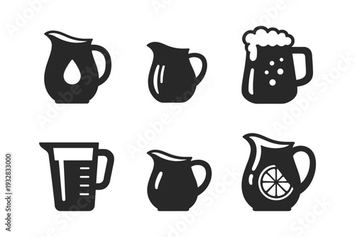 Collection of various pitcher and jug icons with different liquid representations