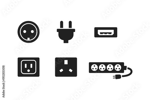 Collection of electrical plugs, sockets, and power strip icons on a white background